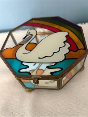 Octagon Stained Glass - look Swan Jewelry Box in White and Multi-Color